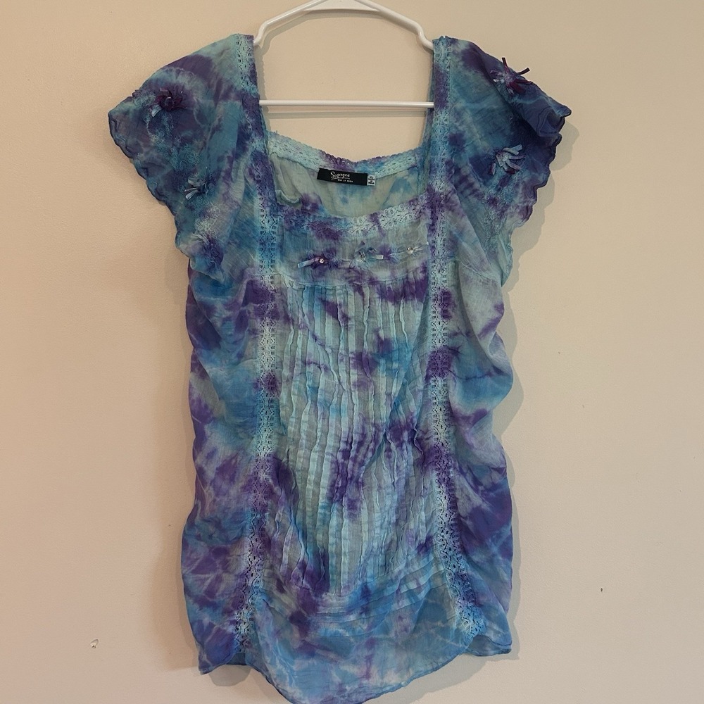 Lapogee Fairy Tie Dye Blouse Sz XL Crochet Lightweight Bows Bejeweled Coquette